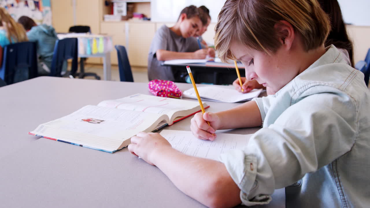 Elementary school kids at desks in class during a test