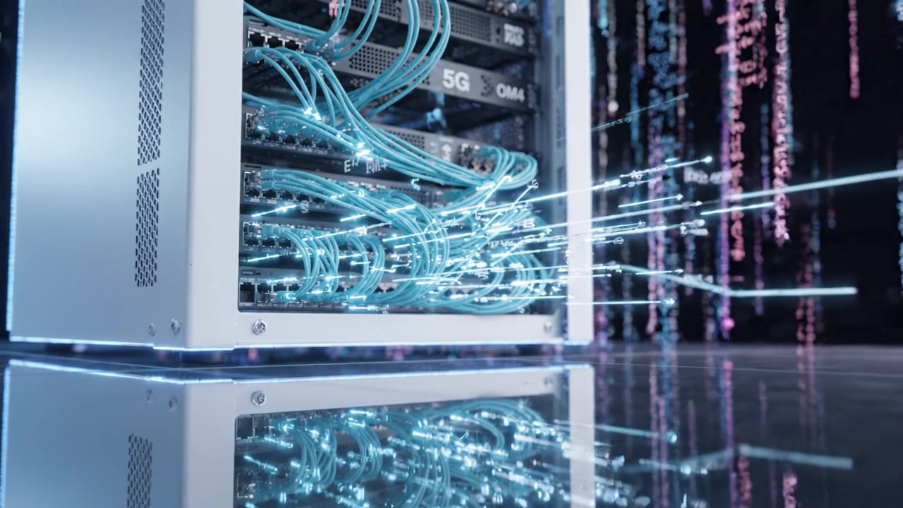 High-tech Data Center featuring Networking Equipment and Fiber Optic Cables with Reflections Showcasing Advanced Technology and Digital Connectivity Solutions