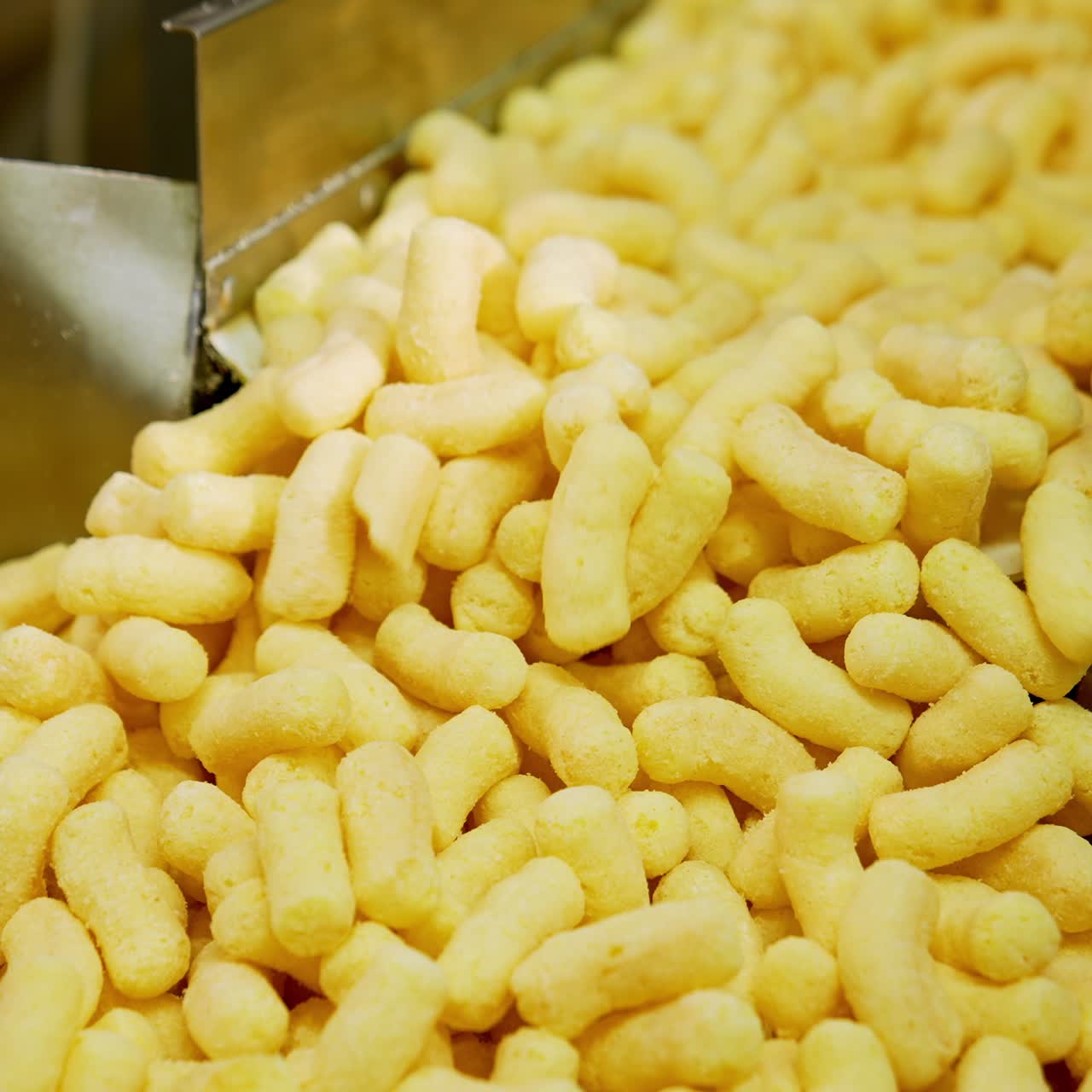 Worker's gloved hand moves a mass of corn sticks with spatula. Crispy snacks close up at conveyor belt