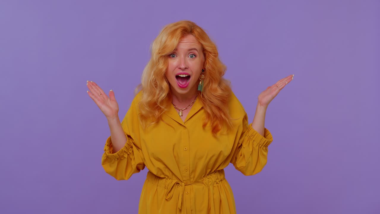 Excited amazed girl surprise looking at camera with big eyes, shocked by sudden victory, wow emotion