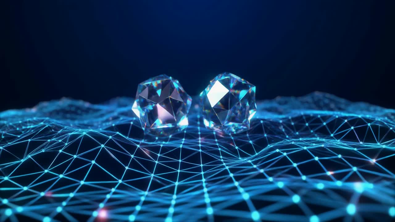 To glødende diamanter på et abstrakt blåt trådnet.