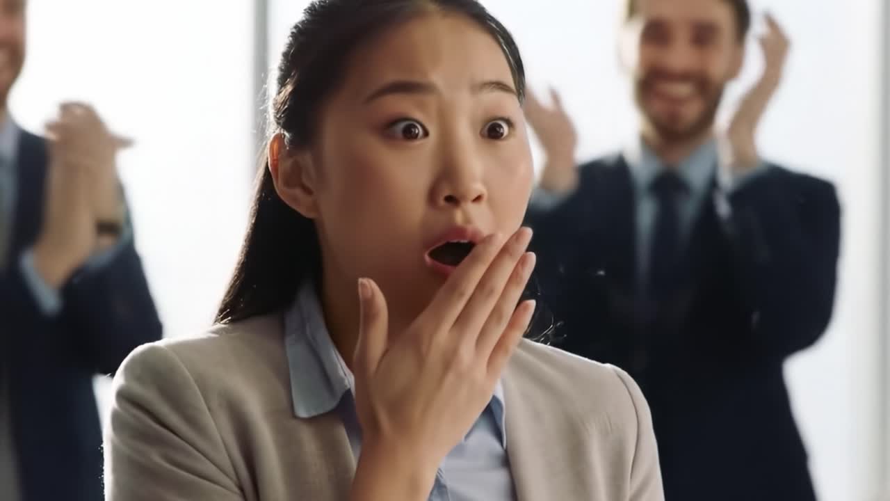 In a contemporary office environment, a woman displays a surprised expression, covering her mouth in shock. A man stands in the background, adding to the unexpected atmosphere.