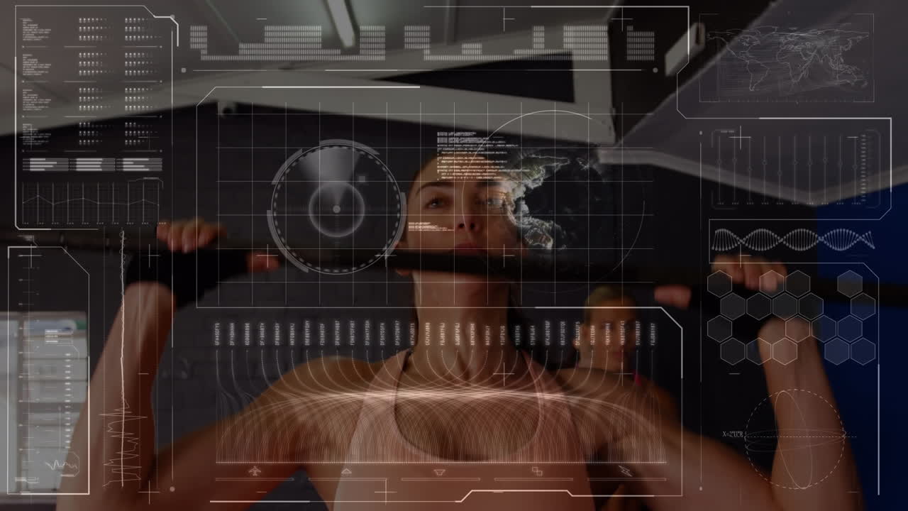 animación de escaneo de alcance y procesamiento de datos sobre una mujer haciendo ejercicio en el gimnasio