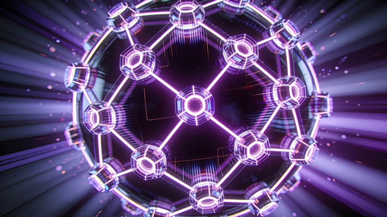 Surging central geodesic node lattice pulsing and rotating in dark void, showing purple-pink energy