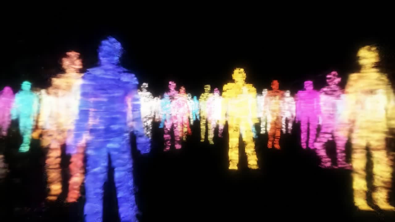 Spectacular Display of Colorful Silhouettes Illuminating the Darkness with Vibrant Lights, Creating a Dynamic and Engaging Visual Experience of Collective Presence