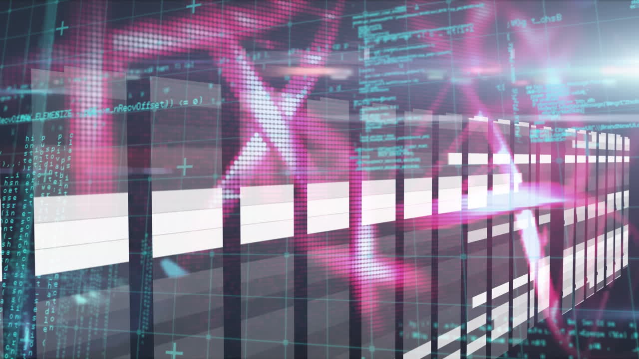 데이터 처리 및 빛의 흔적의 애니메이션은 파란색 배경에 반사되는 dna 구조를 통해 나타납니다.