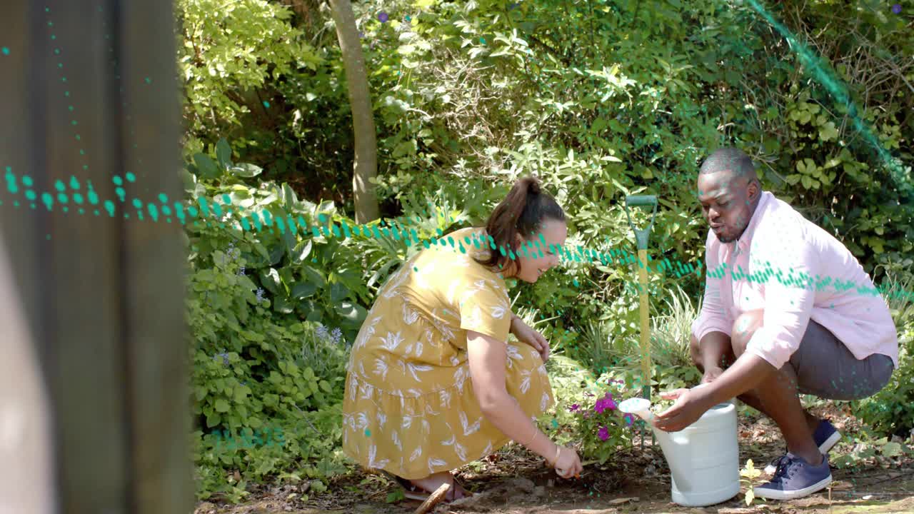 Woman using trowel planting plant, causing man pouring water from can, gardening teal dots crossing