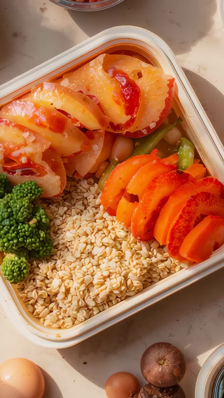 Vertical video: Shifting camera showing bento box on counter as sun moving across oats, broccoli