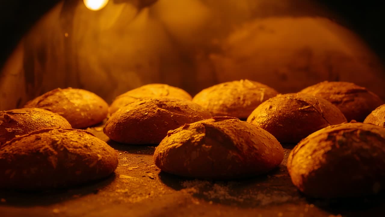 Oven heat warming eight round bread rolls, expanding, browning in stone oven, with steam under lamp