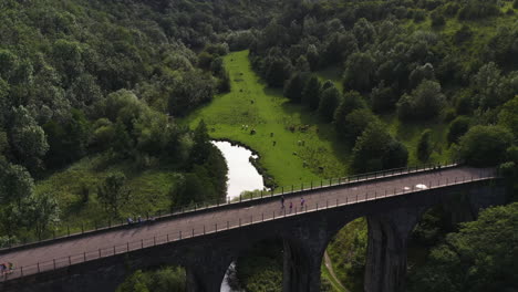 Drone-shot-over-the-railway-viaduct-at-Monsal-Head-toward-cattle-grazing-at-a-river-in-UK