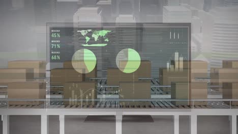 Animation-of-financial-data-processing-over-boxes-on-conveyor-belts-and-cityscape