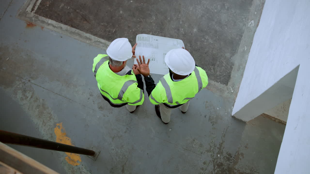 Construction workers reviewing blueprints on site