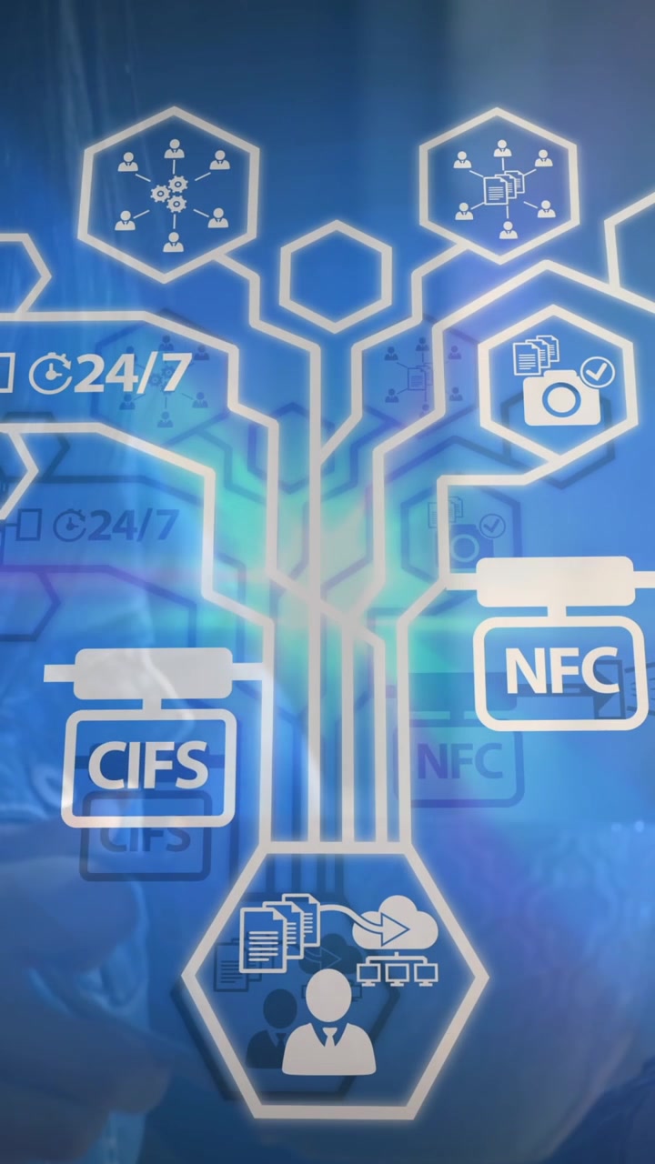 Animation of connections with technology icons over woman using smartphone