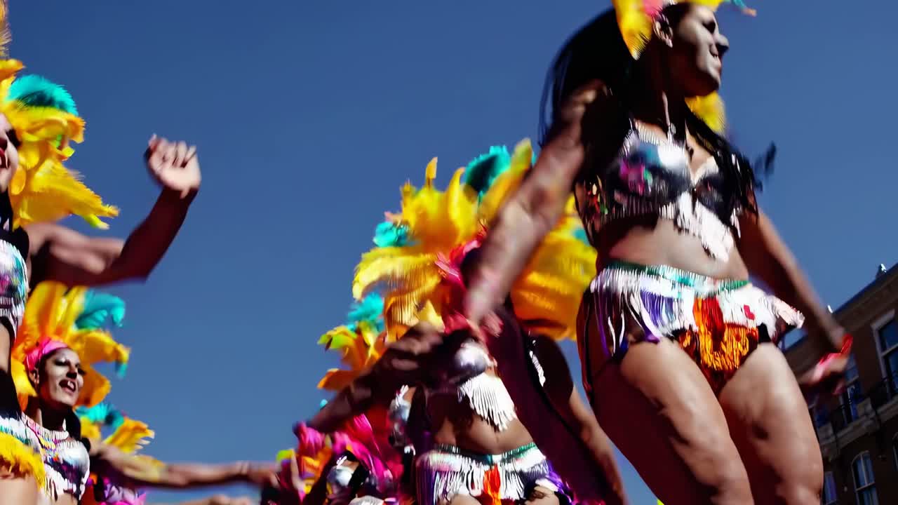 Video dal basso che riprende ballerini vivaci in costumi colorati, enfatizzando il movimento e l'energia