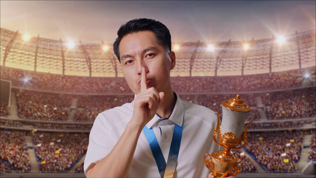 금메달과 트로피를 들고 있는 아시아인 남자가 조용히 몸짓을 하며 경기장에서 첫 번째 우승자로서 승리하는 것이 비밀이라고 말합니다.