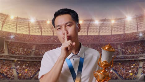 close up of asian man with a gold medal and trophy making shh gesture telling it is a secret to win as the first winner at the stadium