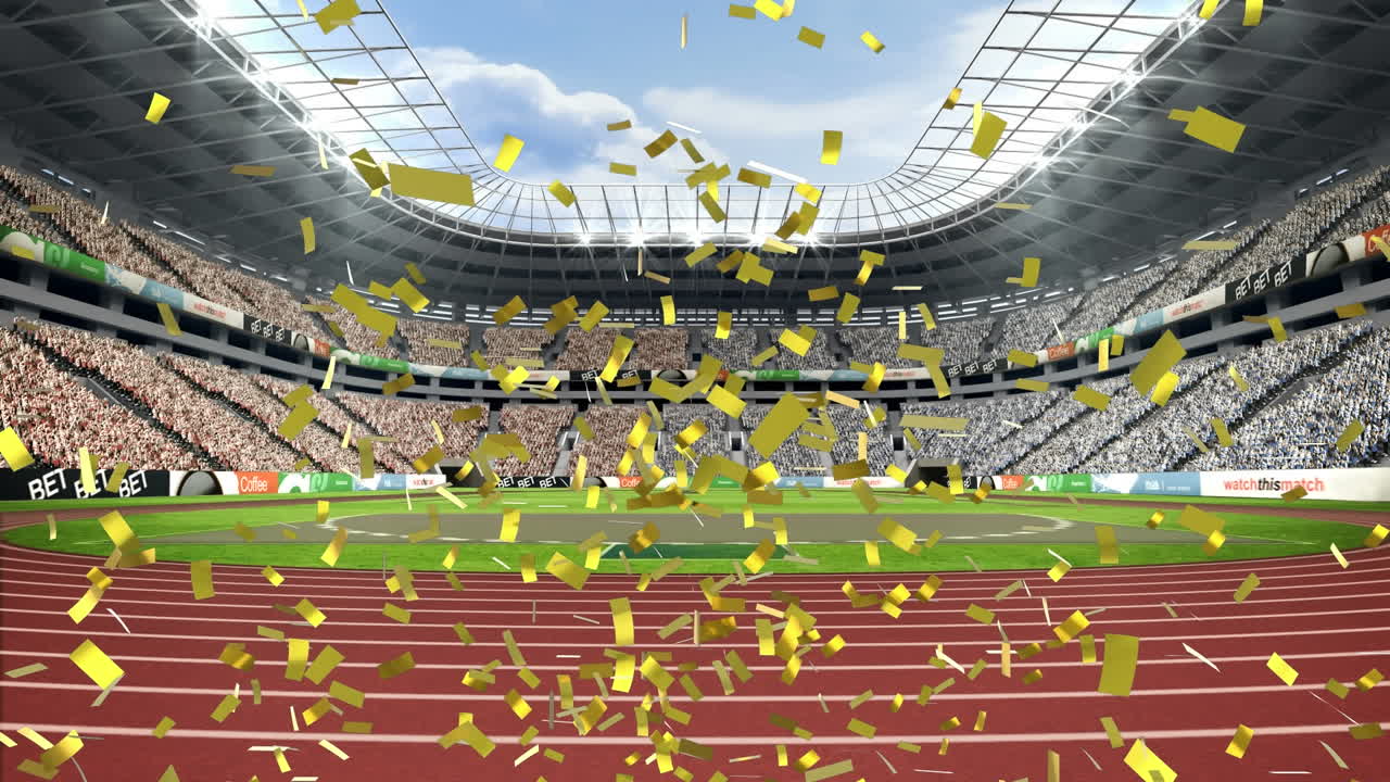 animación de confeti cayendo sobre el estadio deportivo