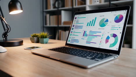 modern office desk with laptop displaying business analytics
