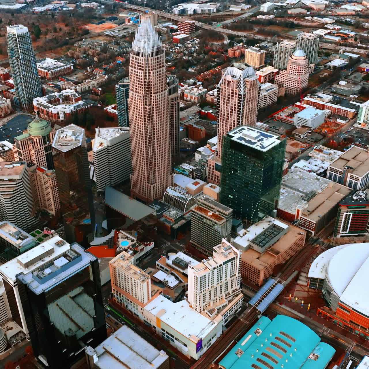 Beautiful scenery of modern American city center built with gorgeous skyscrapers. View on Charlotte, North Carolina, USA from top.