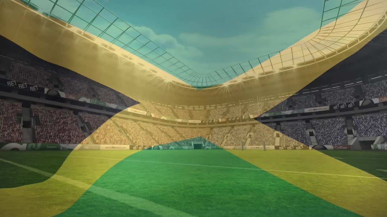 스포츠 스타디움의 풍경에 대한 자메이카 발을 흔들고 있는 애니메이션