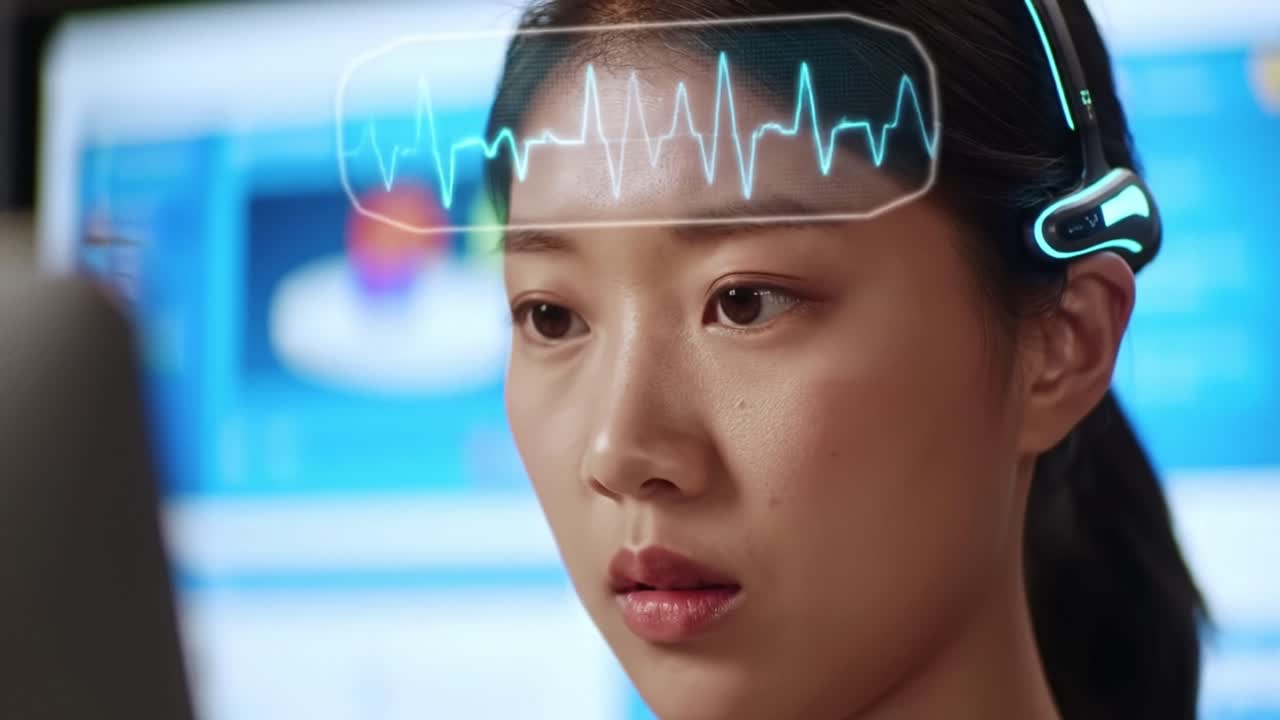 Woman Working With Virtual Headset and Health Monitoring Interface