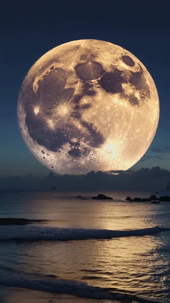 Vídeo vertical: Lua cheia nascendo sobre mar calmo, iluminando ondas e rochas com o luar.