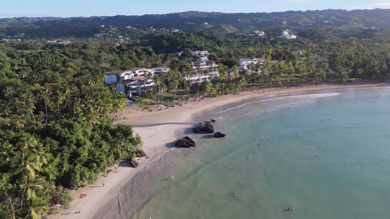 Aerial View of Playa Bonita, Las Terrenas, Showcasing Palm Trees and Crystal-Clear Waters