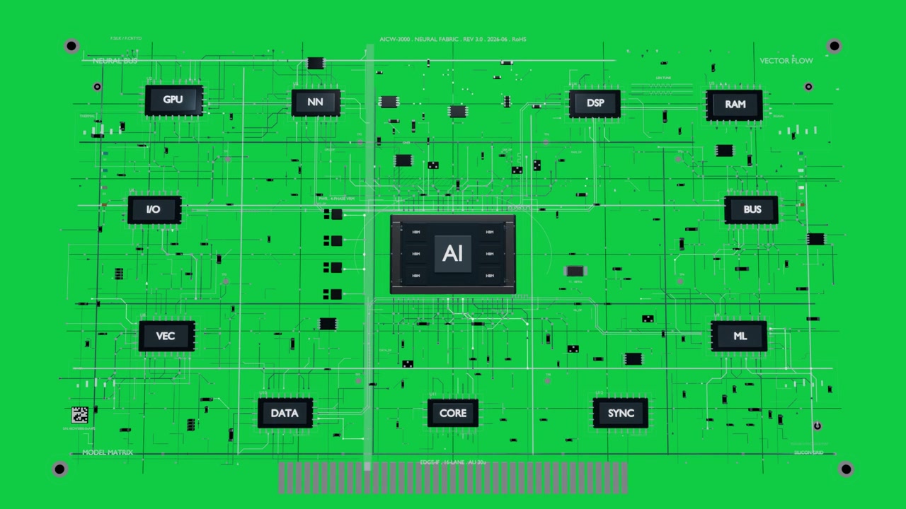 Fejende bjælke afslører AI-chip routing spor til moduler, afdækker printplade (PCB) på klar baggrund.