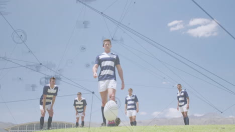 rugby players on field with data processing animation over blue sky background