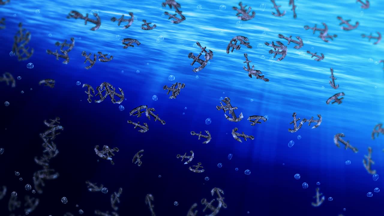 파란 물에서 많은 커를 날리는 것 - 선박 및 보트 커 - 해양 아이콘 - 커 회전의 3d 루프 애니메이션