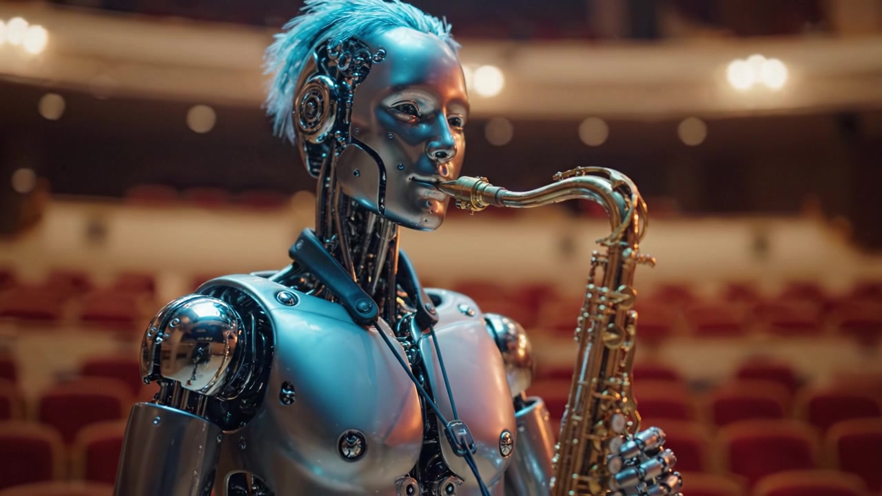 Musicista Robotico: Un elegante androide che suona magistralmente il sassofono sul palco, affascinando il pubblico in un'incantevole sala da concerto