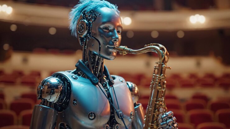Musicista Robotico: Un elegante androide che suona magistralmente il sassofono sul palco, affascinando il pubblico in un'incantevole sala da concerto