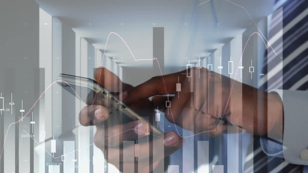 Animation of statistics and data processing over woman using smartphone