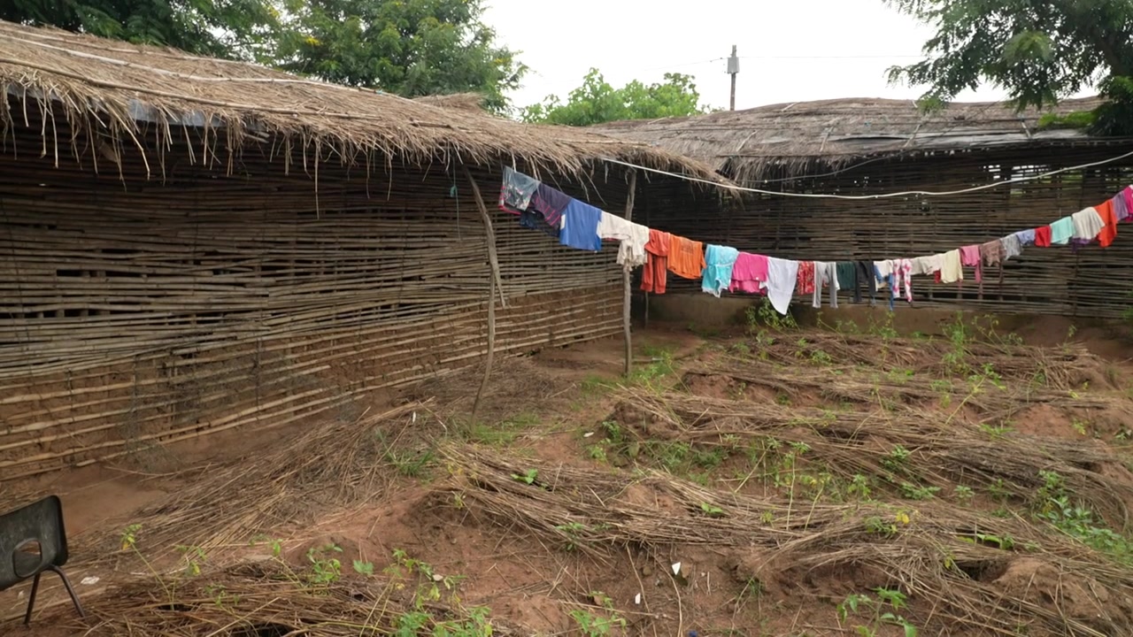 Case rurali tradizionali fatte di canne intrecciate con tetti di paglia e bucato colorato che asciuga all'esterno nel Mozambico settentrionale.