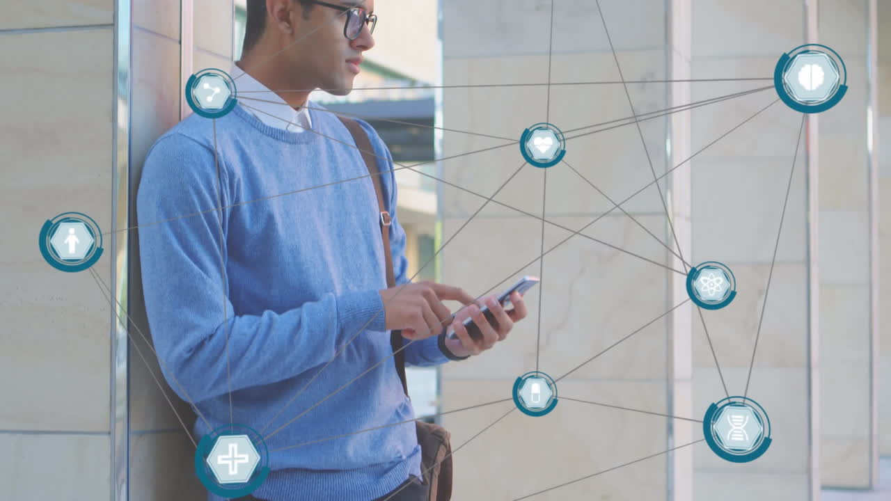 밖에서 스마트폰을 사용하는 이중 인종 남성에 대한 디지털 아이콘 네트워크의 애니메이션