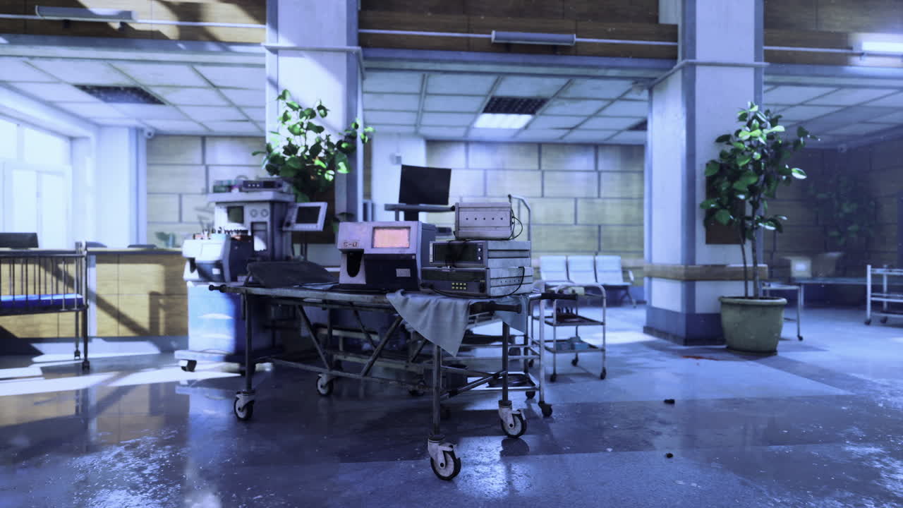 Vacant clinic lobby with scattered cables and bright lighting