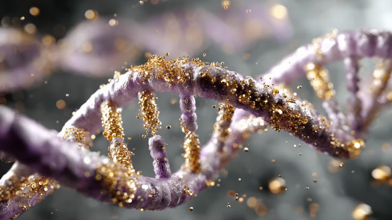 Stunning Close-Up of a Colorful DNA Helix with Sparkling Glitter Highlights and a Mystical Background Illustrating Advanced Genetic Concepts