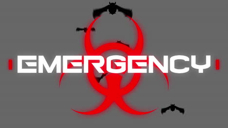 animatie van nood covid 19 tekst en biohazard teken over vleermuizen