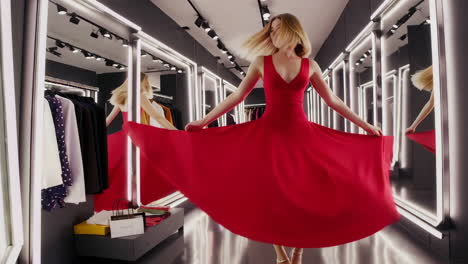 woman trying on red dress in a luxury fashion store