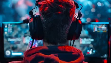 a man wearing headphones sitting in front of two computer monitors