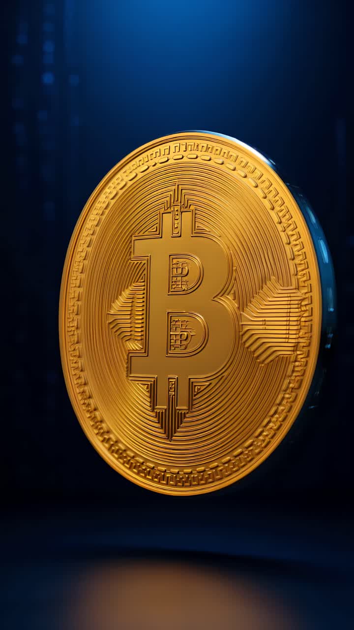 Animazione rotante di Bitcoin dorato su sfondo scuro, criptovaluta cinematografica 4K.