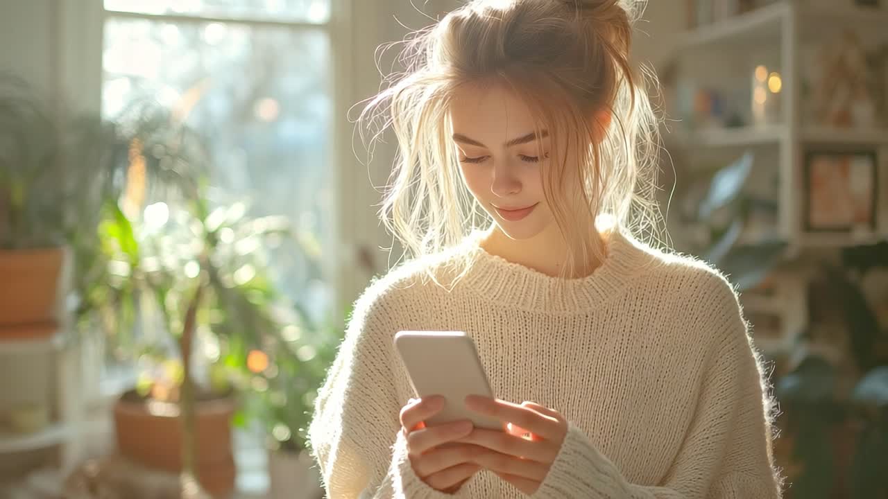 Donna che utilizza smartphone al chiuso