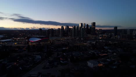 Drone-flight-of-Downtown-Calgary-during-blue-hour