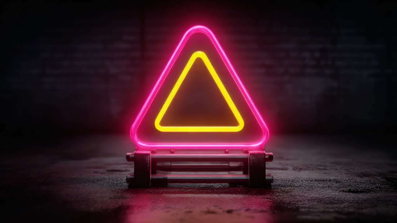 A Glowing Triangle Sign Illuminated in Vibrant Neon Pink and Yellow Colors, Capturing a Modern Aesthetic with a Dark Background That Highlights Its Unique Design