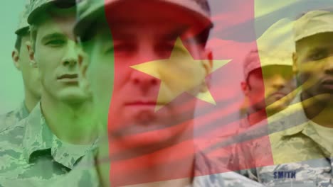 animation of flag of cameroon over soldiers