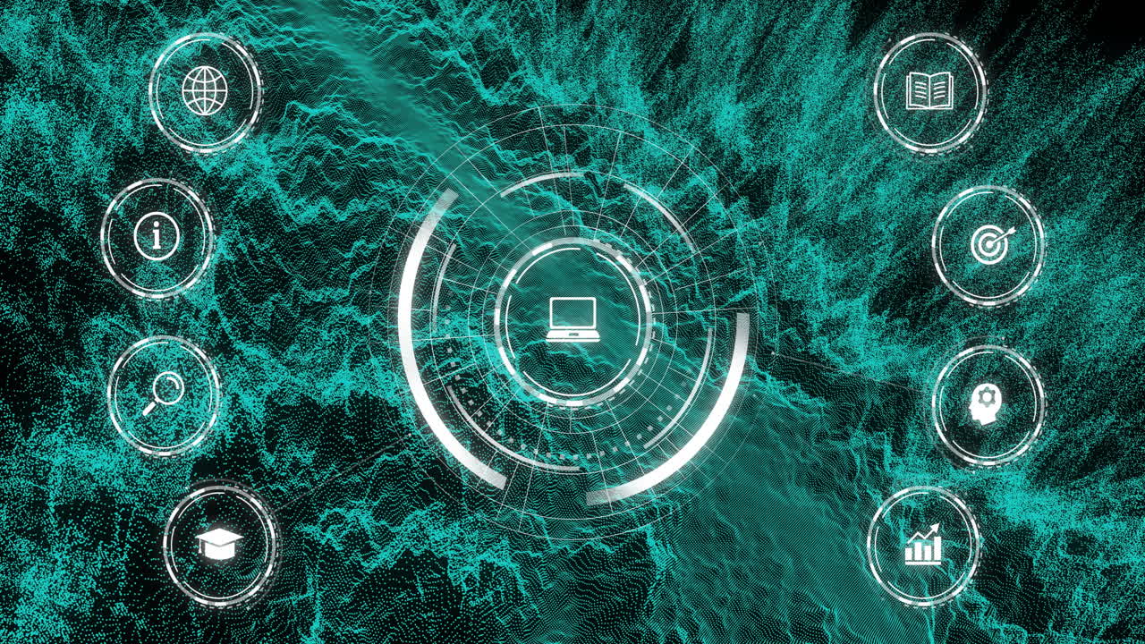 Animation of digital network interface with icons around central laptop symbol