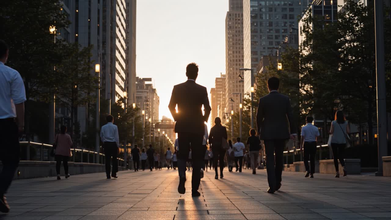 Business People Walking at Sunset in a City