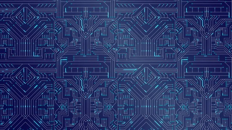 Yellow circuit details and glowing blue circuit board