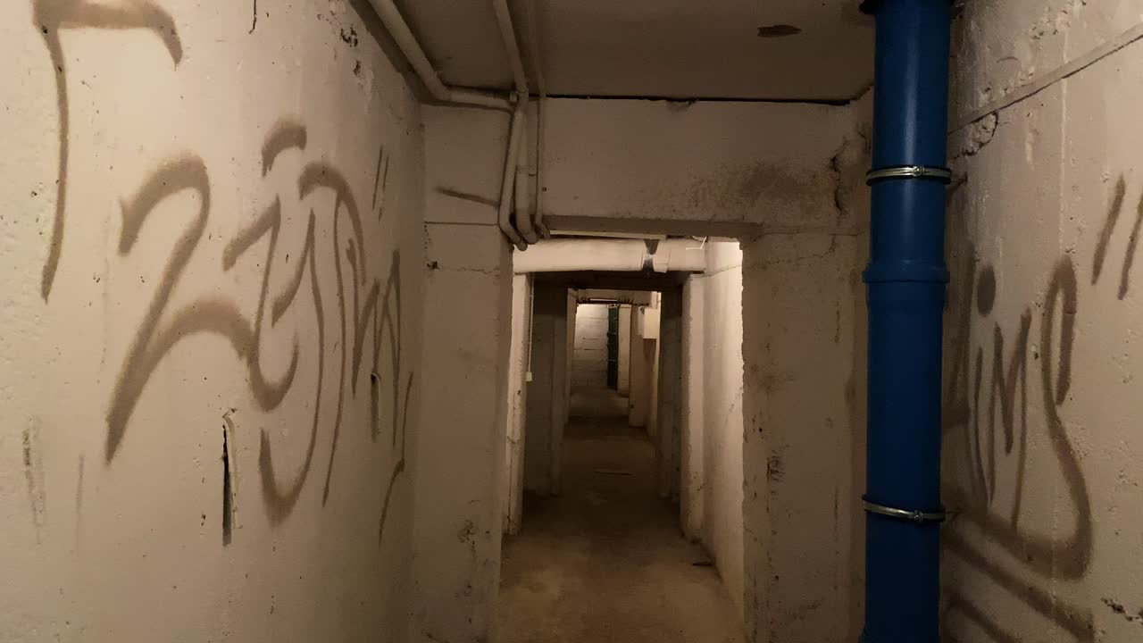 An old, dark long corridor in the basement, inscriptions on the white wall, panoramic shot video