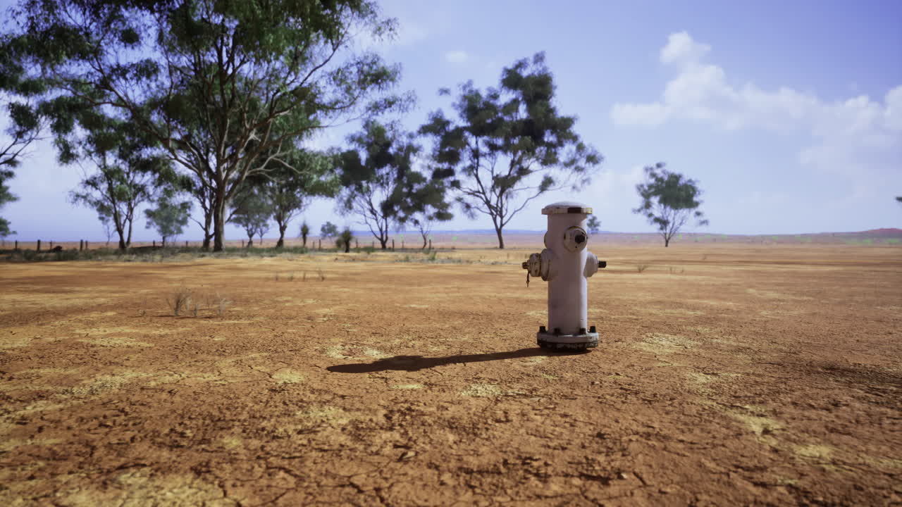 Community fire hydrant stands lonely in the vast emptiness of the dry landscape